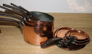 A set of copper saucepans