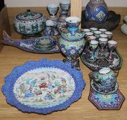 A group of Persian enamel on copper wares and other metalware