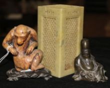 A Chinese soapstone monkey, a similar vase and a bronze figure of Shou Lao