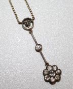 An Edwardian gold, silver and diamond cluster drop pendant necklace, on a fine link gold chain