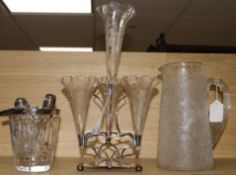 A four-glass plated epergne, a frosted glass jug with ice insert, a glass ice bucket, etc. (some