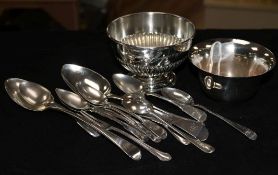 A silver half-fluted sugar bowl, a plain silver bowl, a set of 6 George III silver teaspoons, two