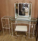 A dressing table, stool, mirror and bedside table, dressing table W.106cm