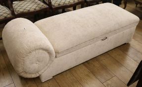 An upholstered ottoman