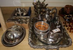 A quantity of plated items, including a kettle on spirit stand, a large tray, hip flasks, biscuit