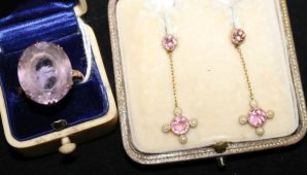 A 9ct gold and topaz dress ring and a pair of pink sapphire and seed pearl drop earrings with