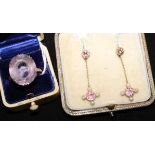 A 9ct gold and topaz dress ring and a pair of pink sapphire and seed pearl drop earrings with