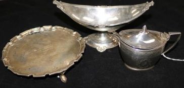 A Scottish George III silver mustard, Edinburgh, John McDonald (date rubbed), a silver navette-