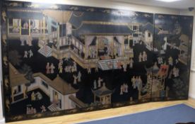 Four large Oriental lacquered wall panels, W.122cm H.245cm