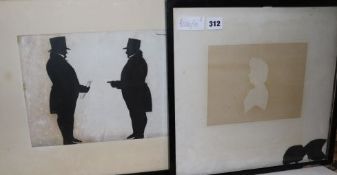 A cut paper silhouette of two gentleman and a later silhouette bust of a lady