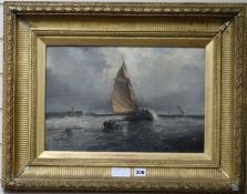 William Wilson (fl. 1884-1892, oil on canvas, fishing boats in a choppy sea, signed, 30 x 45cm