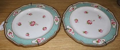 A pair of Derby pink rose spray plates, c 1820