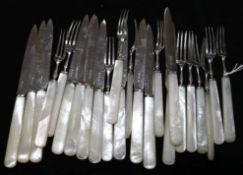 A set of twelve pairs of George V mother of pearl handled silver dessert eaters, Allen & Darwin,