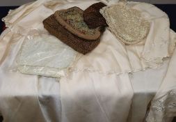 A Silk babys christening cape, collection of gloves, evening bags etc