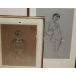 Victorian pencil and wash portrait of a lady, 45 x 30cm and a later nude study