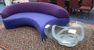 A Roche Bobois, after Vladimir Kagan, two tone curvilinear settee and an opaque glass coffee