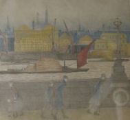 Marian Ellis, coloured print, ''On the Thames Embankment'', signed and dated 1920, 25 x 26cm