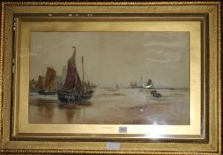 Thomas Bush Hardy (1842-1897), watercolour, a beached fishing boat, other boats nearing the shore,