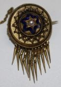 A Victorian gold, enamel and split pearl circular tassel brooch, 0.75in.