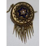 A Victorian gold, enamel and split pearl circular tassel brooch, 0.75in.