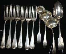 Pair of Scottish George III silver sauce ladles, a toddy ladle, 6 Hanover pattern forks and an Irish