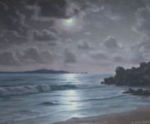 Roger de la Corbiere, oil on canvas, Moonlit seascape, 52 x 64cm