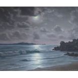 Roger de la Corbiere, oil on canvas, Moonlit seascape, 52 x 64cm