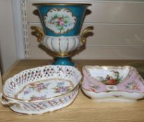 A German porcelain basket, an amphora vase and a Dresden dish