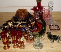 A collection of decorative glassware, including a Murano, Carnival glass, a 'ship's' decanter and