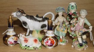 A pair of Minton candlestick figures, pseudo cross swords mark, a pair of Derby scent bottles c.