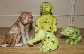 Three green glazed animal figures and a Kutani tiger