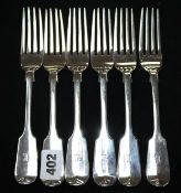 A set of six Victorian silver fiddle pattern table forks by George Adams, London, 1864, 14 oz.