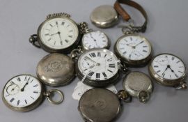 Ten assorted silver pocket watches, two alberts chains and assorted watch keys.
