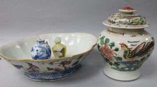 A Chinese blue & white snuff bottle, 19th Century, a Canton lidded pot, an oval lobed shallow dish