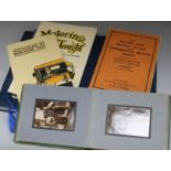 Motoring pamphlets, a photo album, a postcard album etc.