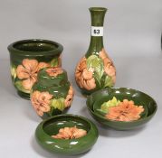 A group of Moorcroft Hibiscus dishes, two vases and a jardiniere (6)