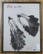 A Chinese scroll painting on silk and a pair of pak choi
