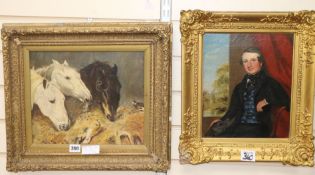 Mollins after Herring, oil of horses, 27 x 32cm and a portrait of a gentleman, 30 x 25cm