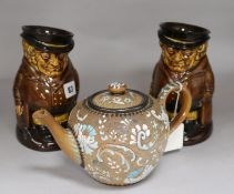 A Royal Doulton teapot and cover & 2 Doulton Kingsware toby jugs