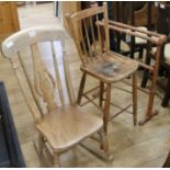 A rocking chair, a high seat beech chair and a towel airer