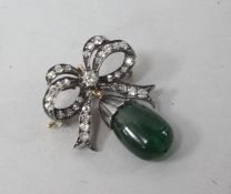 A 19th century gold, silver, emerald and diamond set drop pendant brooch, 1.25in.