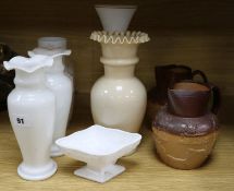 Five opaline glass vases, a bon bon dish and two Doulton hunting vases