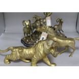 A polished bronze group of four mountain goats, a bronze horse and a brass tiger