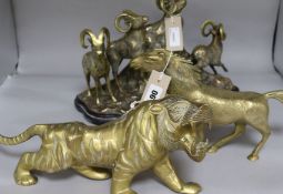 A polished bronze group of four mountain goats, a bronze horse and a brass tiger