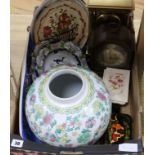 An Oriental pot, plates, boxes, clocks etc.