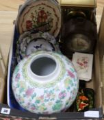 An Oriental pot, plates, boxes, clocks etc.