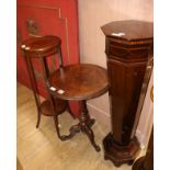 An Edwardian inlaid mahogany pedestal, a Victorian walnut table and an Edwardian jardiniere stand,