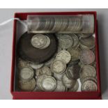 Assorted coins including silver 3d and other coins.