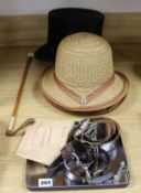A black silk top hat, 6 Brownie straw hats, circa 1920, two Guide belts and a riding crop