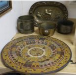 A lion decorated brass tray, table top mug etc. (3)